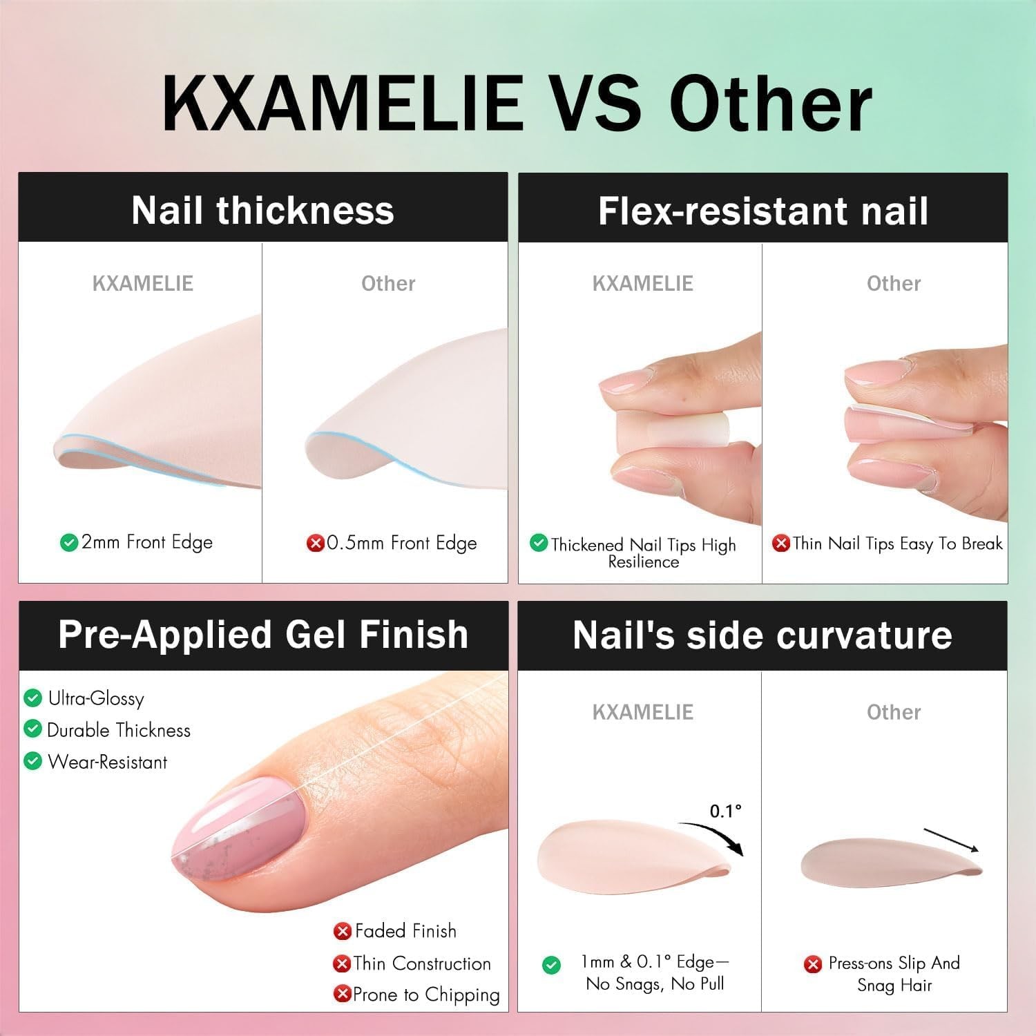 KXAMELIE Ash Black Chrome Press On Nails Short, Shiny Extra Short Almond Pres…