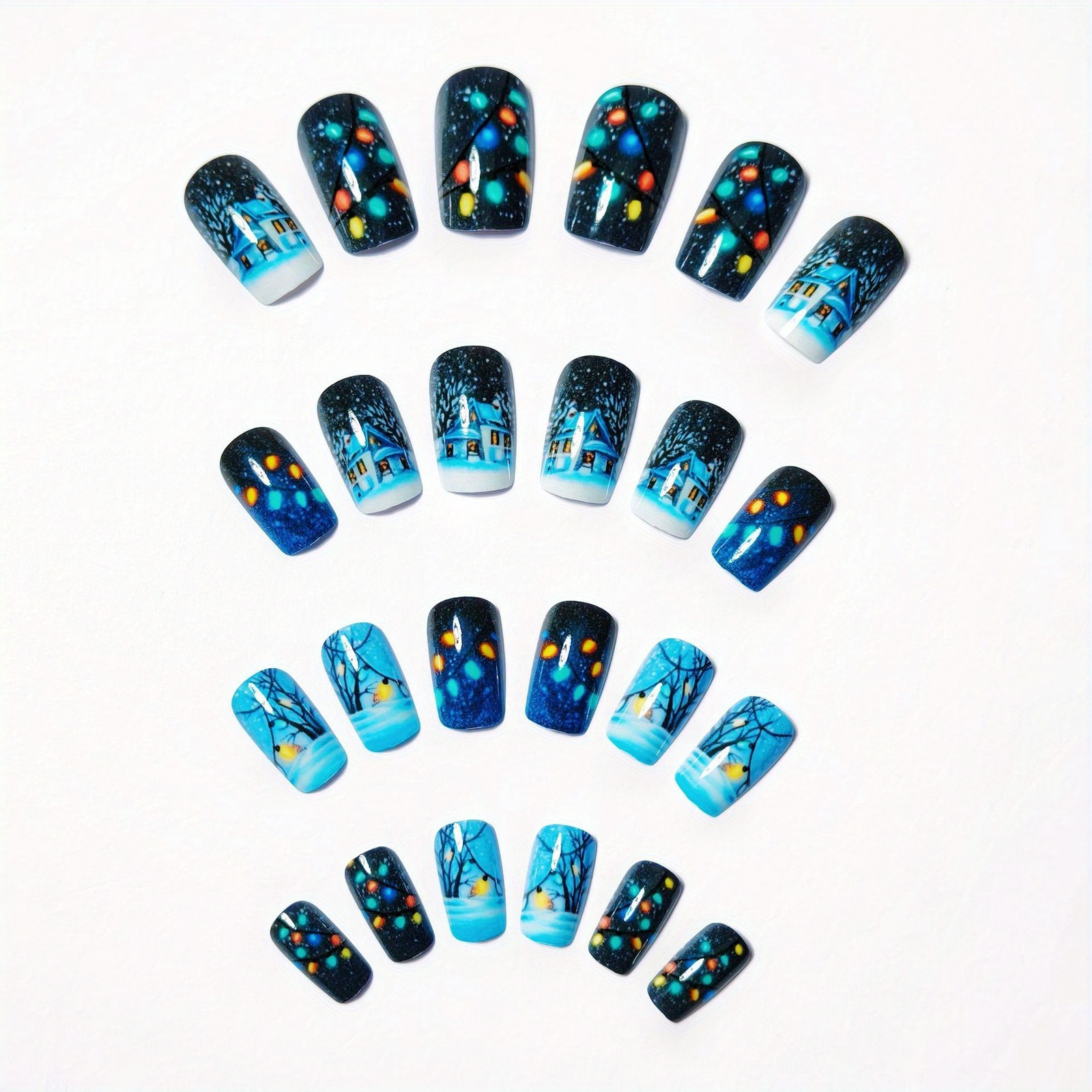48pcs Winter Holiday Press On Nails Christmas Cottage Reusable False Nail Kit
