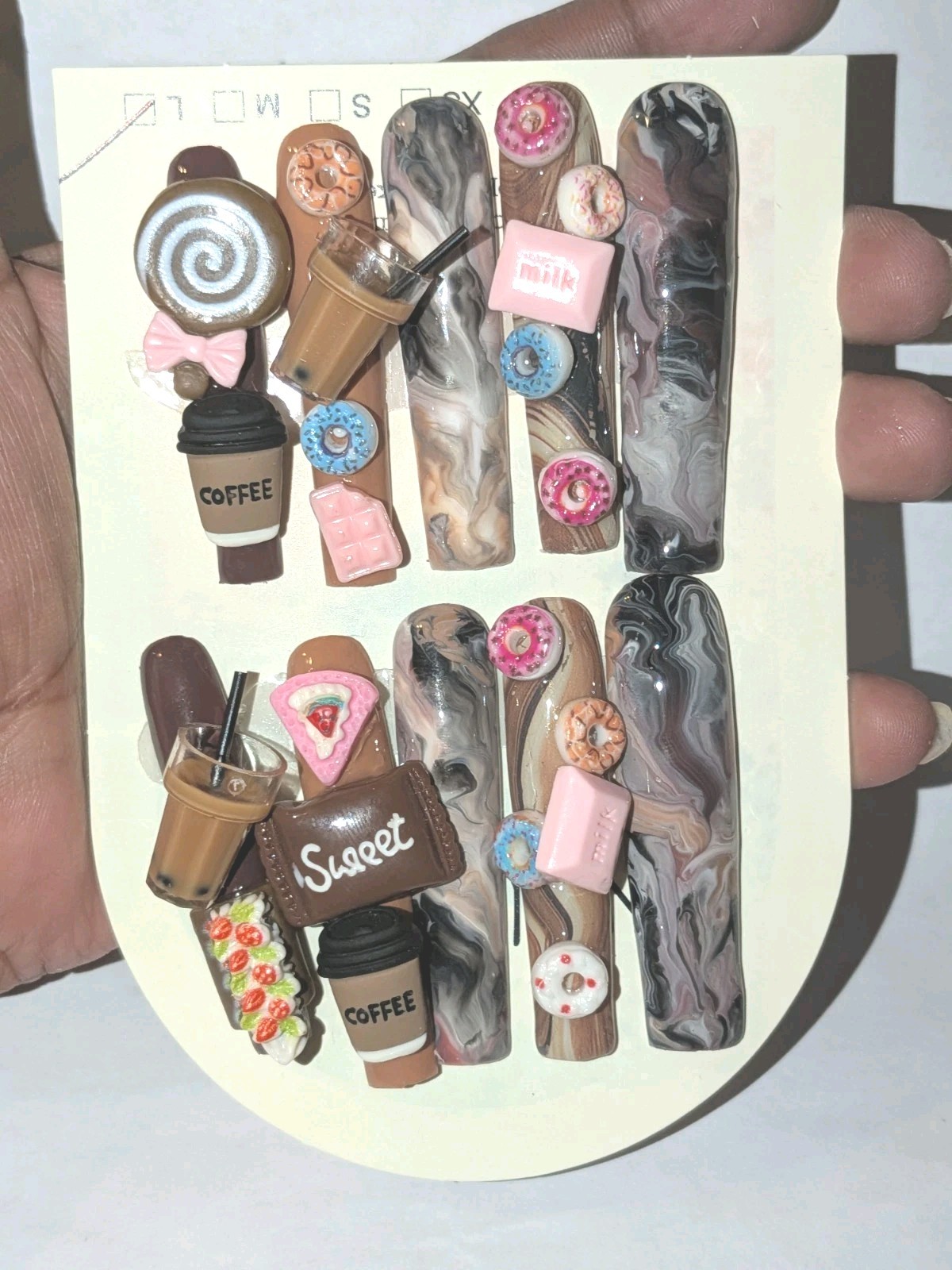 Hand Crafted 3Xl Java Marble Brown & Pink 3D Dessert Press-On Nails Sz Large
