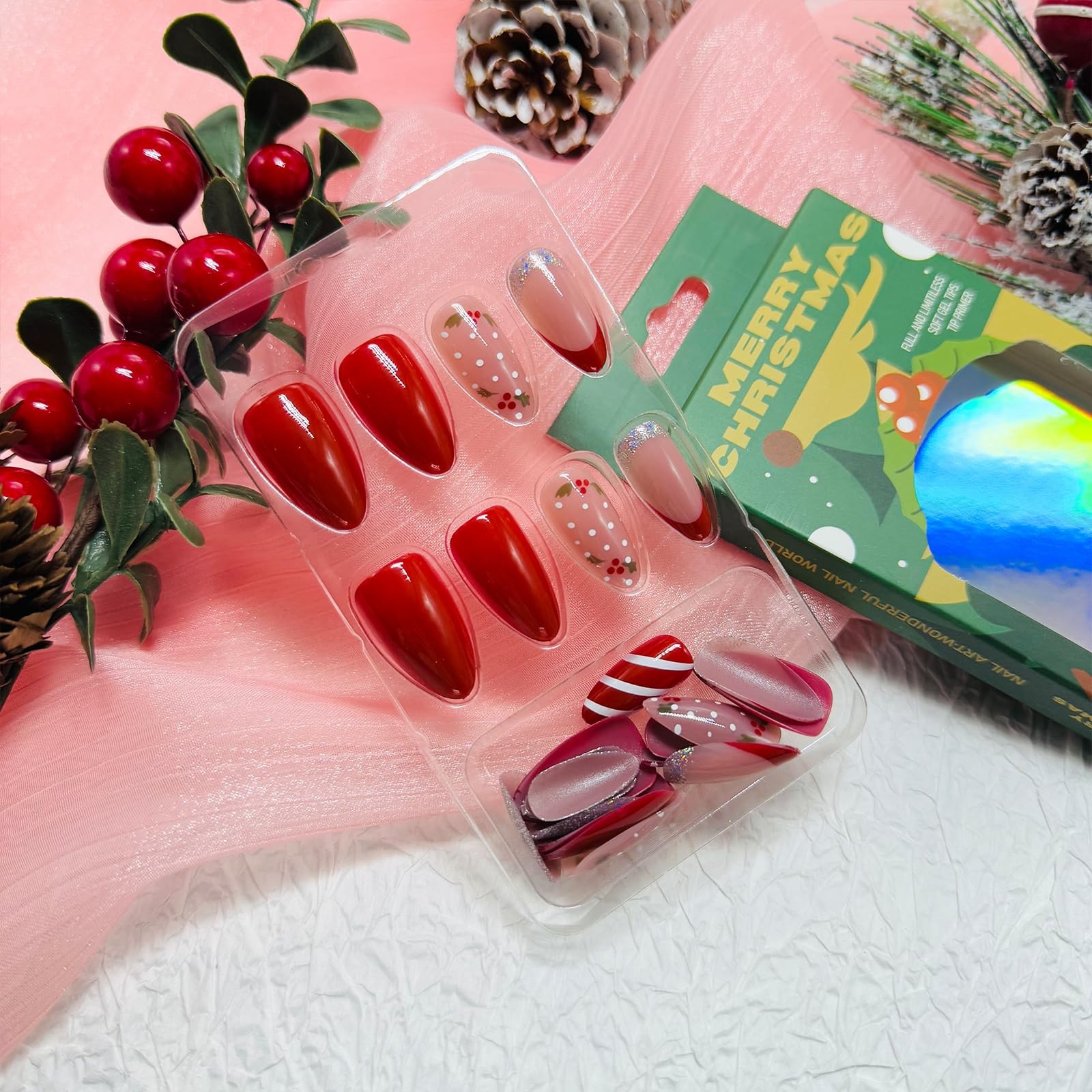 Christmas Press on Nails Medium Almond Fake Nails with Designs Holly Stick on…