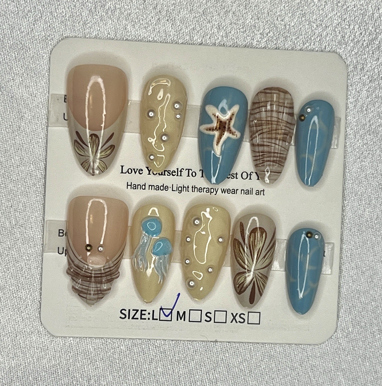 Ocean Theme Almond Press-On Nails, 3D Full Cover, Beige Blue, size L