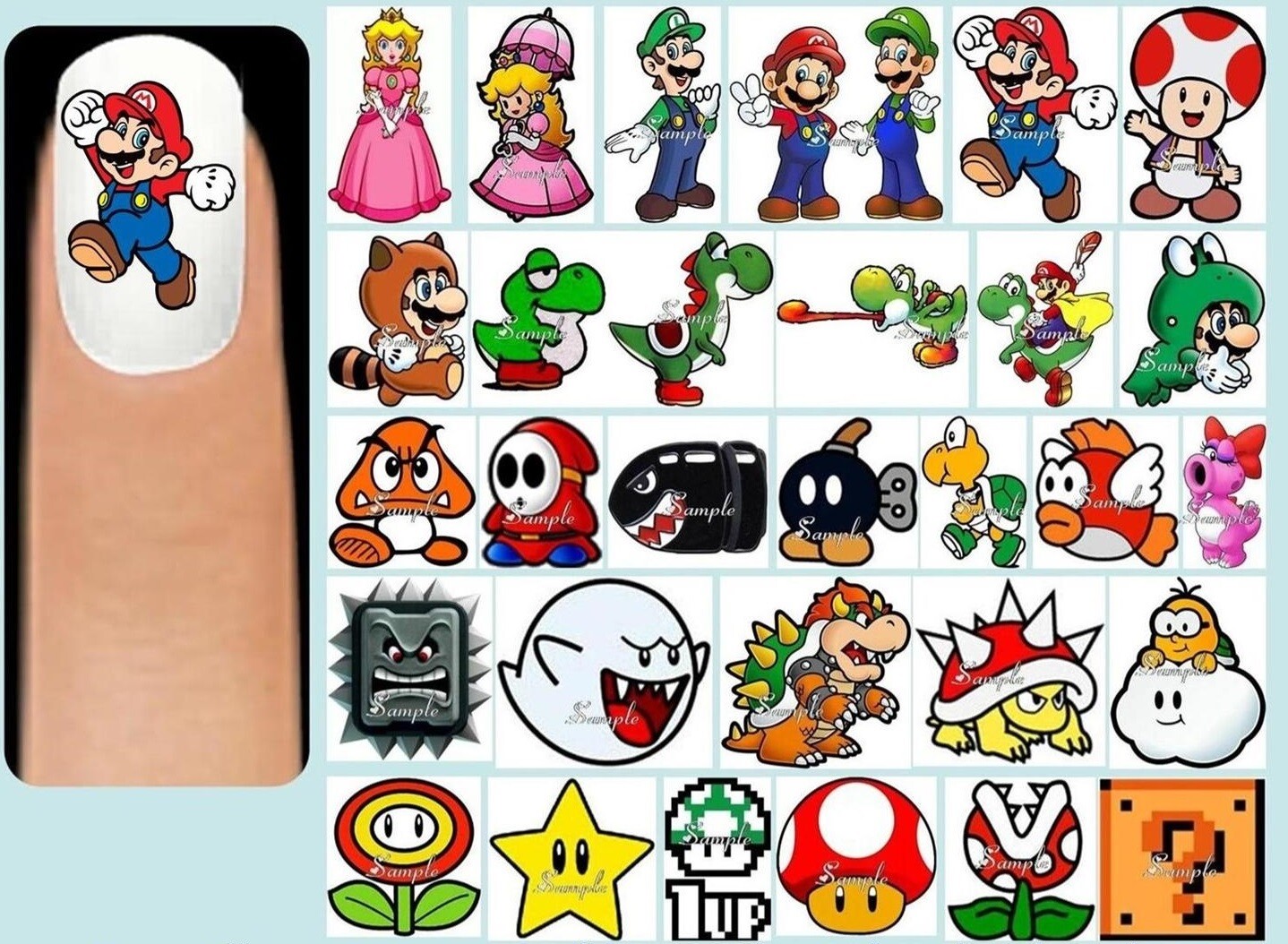 60x SUPER MARIO BROS Nail Art Decals + Free Gems Brothers Yoshi Bros. Mushroom