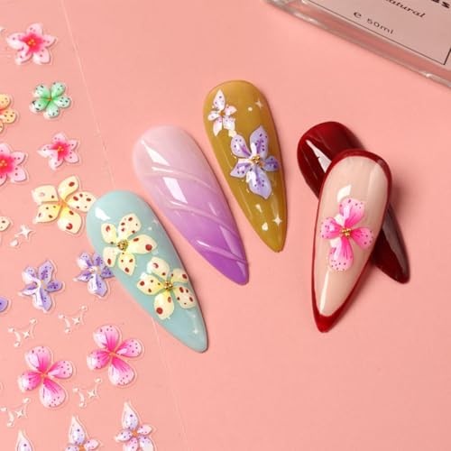2Pcs Flower Nail Stickers 5D Embossed Lily Spring Flower Nail Stickers Style 3