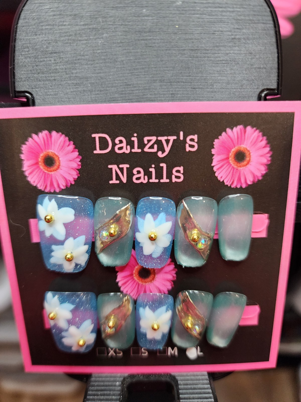 Large Size Press-on Nail 10Pc Set Handmade Squoval Blue Flowers 2.0 Cm Length