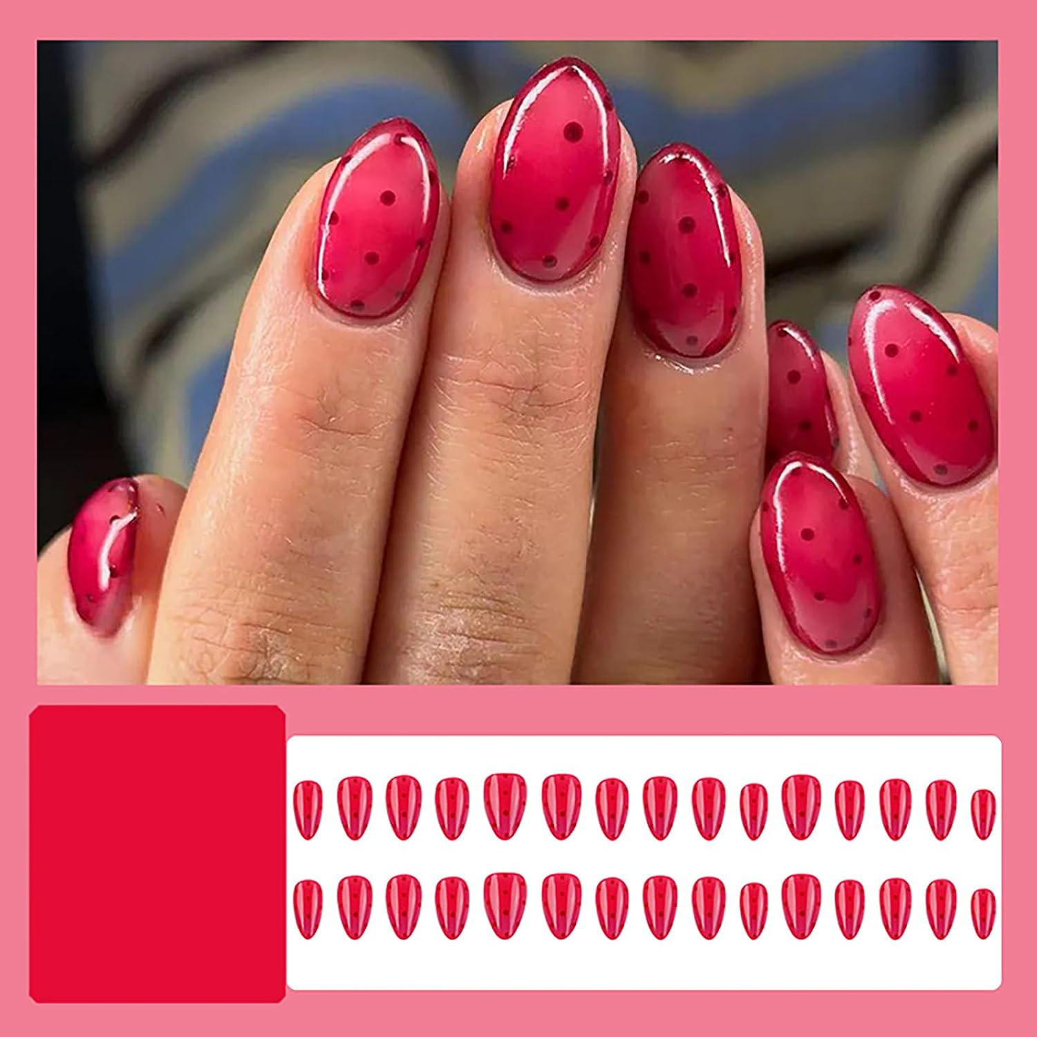 24Pcs Rose Red Press on Nails,Short Oval Fake Nails with Brown Polka Dots Design