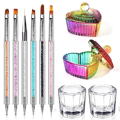 Nail Art Brushes – 6 Acrylic Nail Brushes – Dappen Dish Set – 10 Piece Set