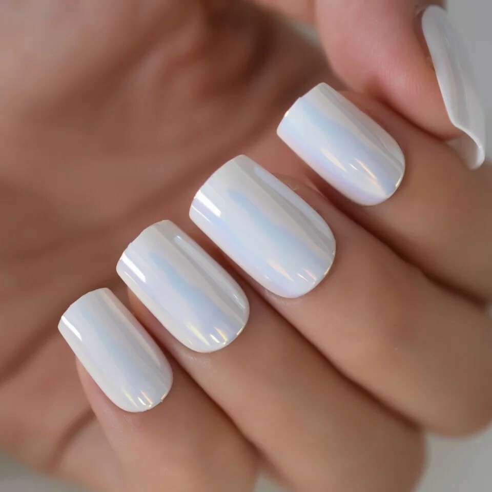 Icy White Press on Nails Holographic with glue short chrome chameleon