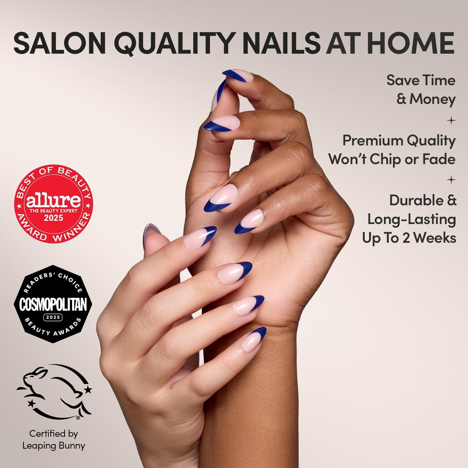 Short Almond Glossy Press On Nails – 30 Pc Full Kit, Navy French Tip, Waterproof