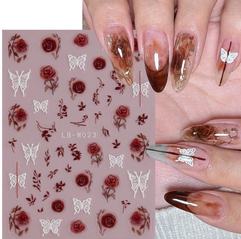 5D Embossed Nail Art Stickers Transfers Rose Flower Leaf Butterfly LBW23 NS52