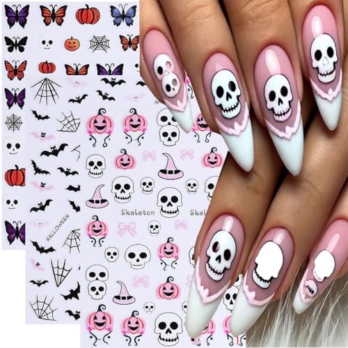 Halloween Nail Stickers 3D Self-Adhesive Nail Art – 3PCS Skull Bat Spider White