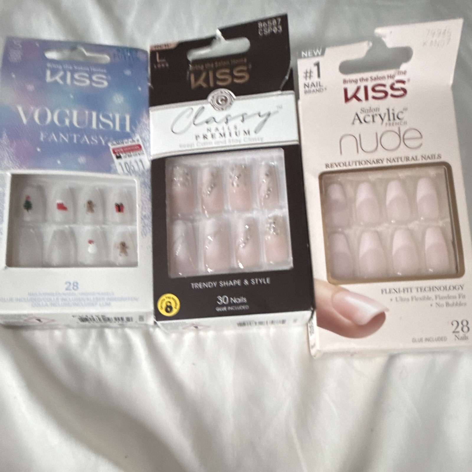 KISS Press-On Nails Lot of 3 Long Coffin French Glitter 3D Nude/White Glue