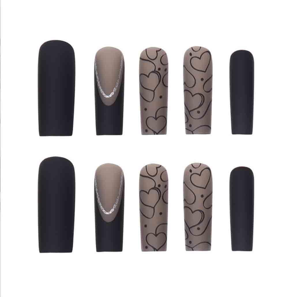 Black Press on Nails Long, LOVE Design Extra Long Clear Fake Square Black Nails