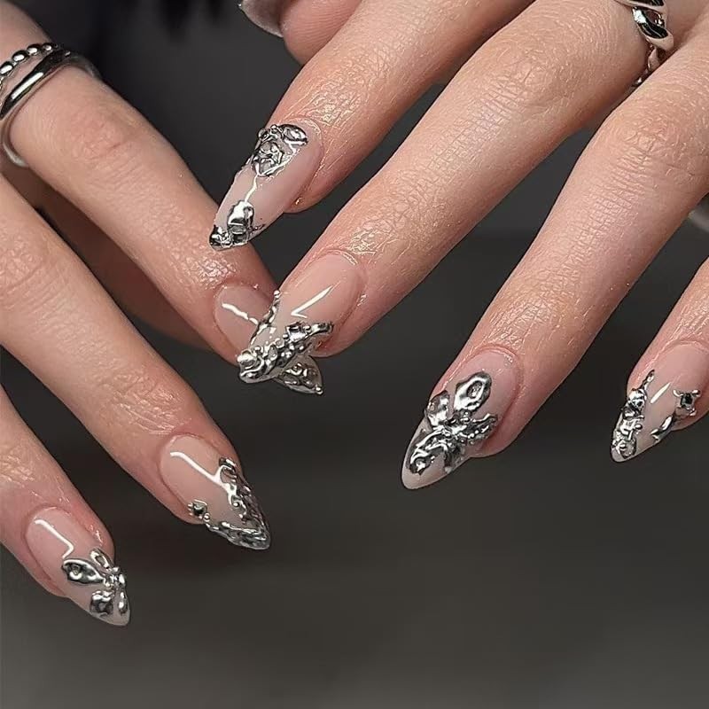 Almond Press on Nails Silver Fake French Tip False Medium, Style 6