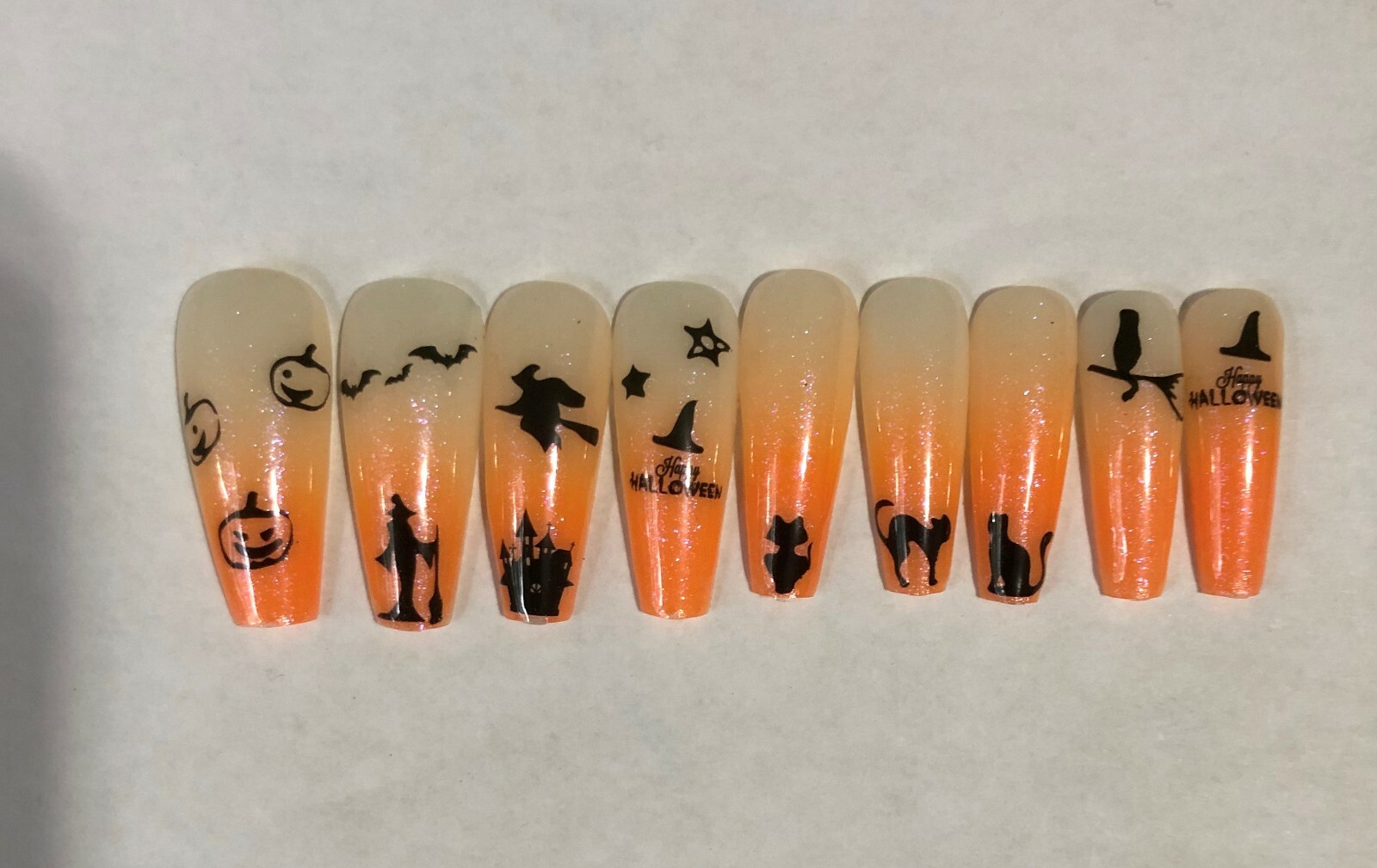 Orange Sparkle- press on nail set-(Set of 18 sizes 0-8) Ex Long Ballerina