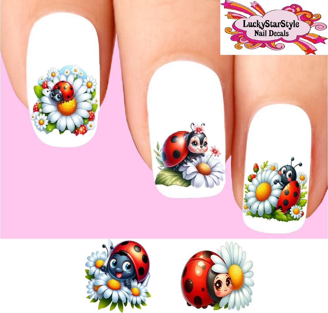 Waterslide Ladybug Nail Decals Set of 20 – Ladybugs with Daisies Assorted