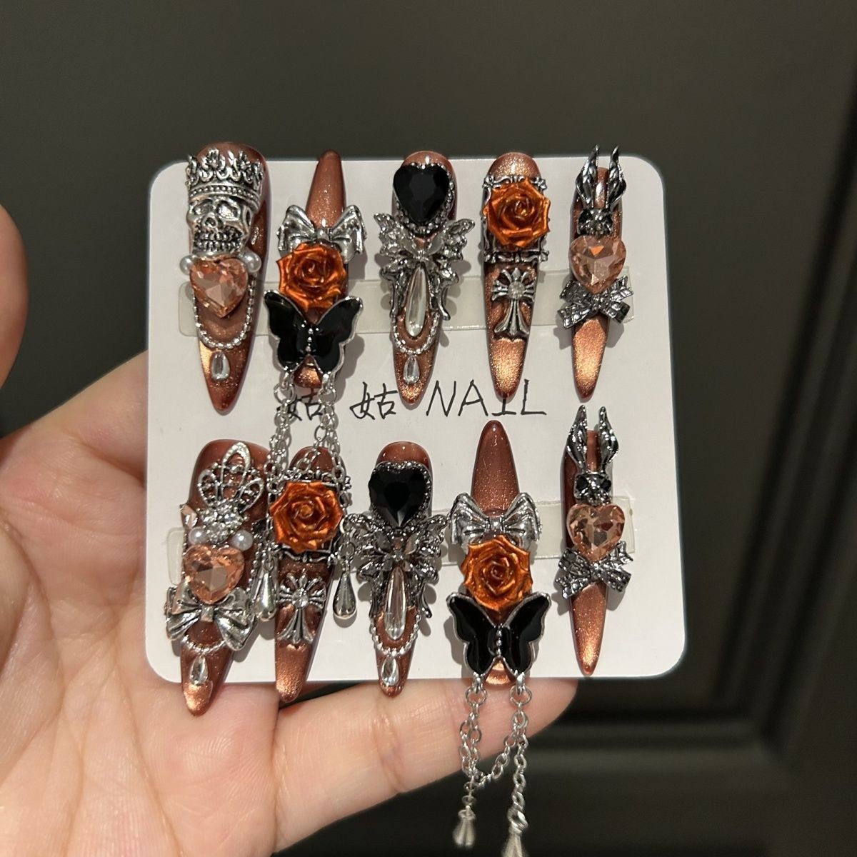 Dark Luxury Handmade Black Press On Nails Long Full Diamond