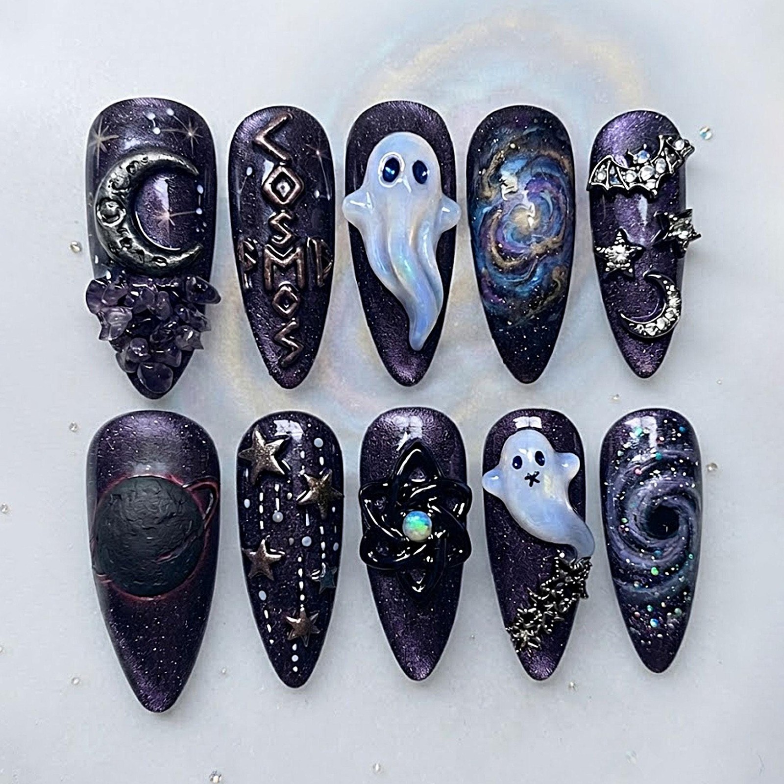Custom Handmade Halloween Galaxy Ghost Moon Star Bat Metal Almond Press on Nails