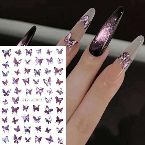 Butterfly Nail Art Stickers, Blue Purple Pink, 6 Sheets with Nail Tweezers,