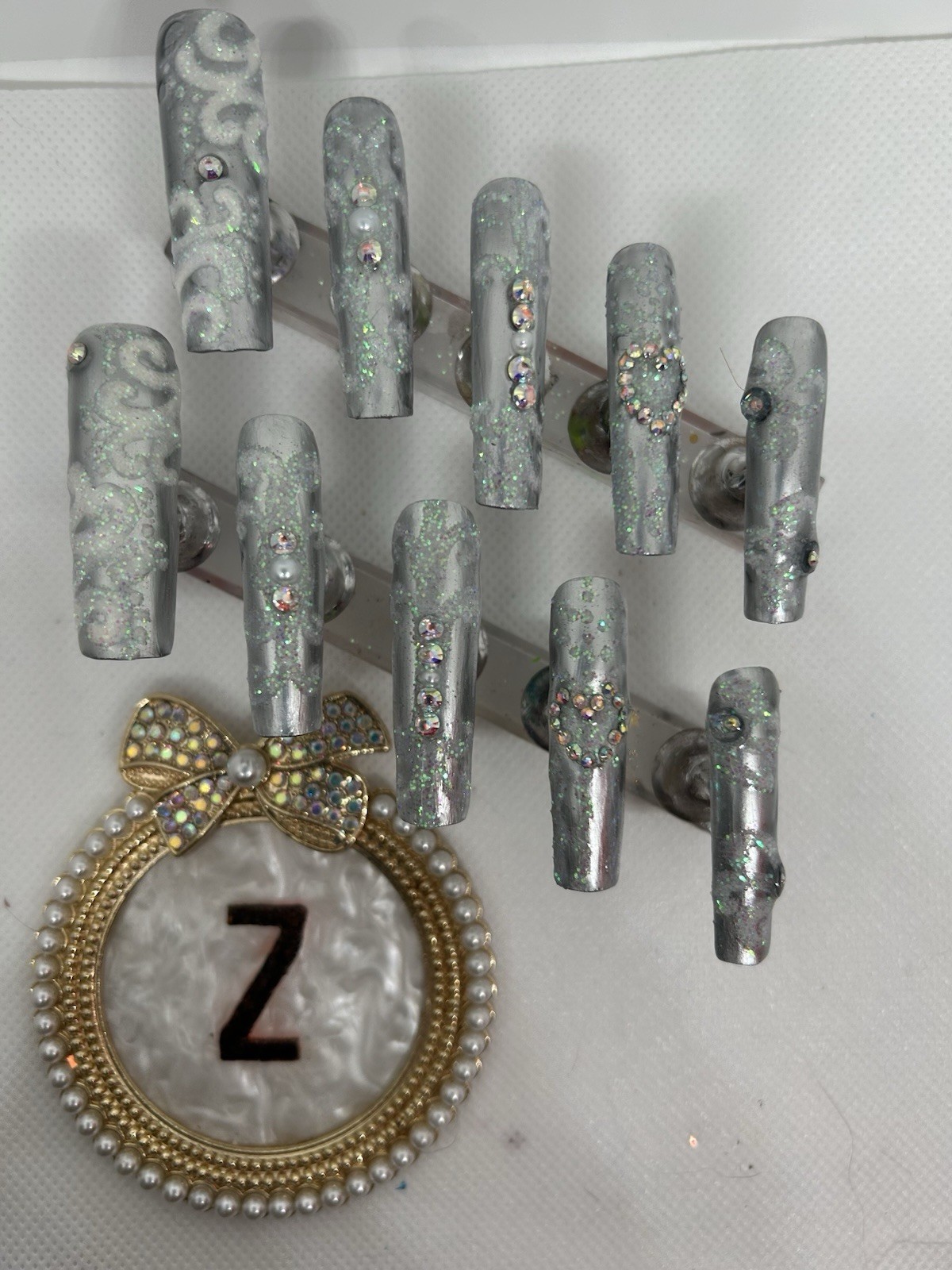 Z. NAILZ! Handmade XXL Square Silver Bling Wedding Or Anniversary Press On Nails