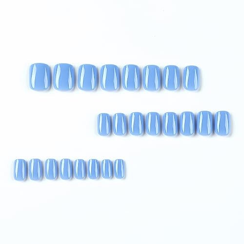 Lake Blue Press on Nails Short Square Fake Nails with Nail Glue Cute lake blue