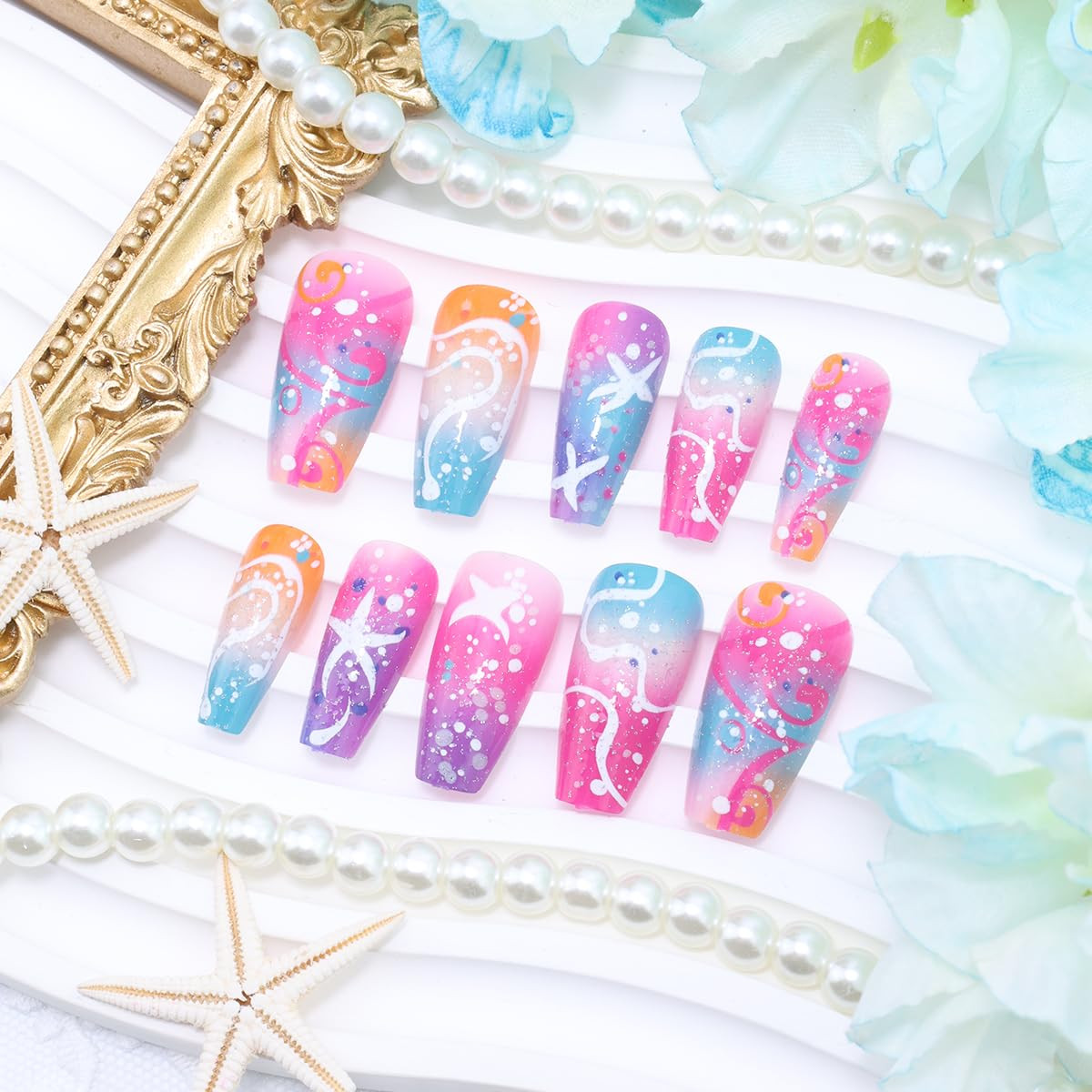 Summer Press on Nails Medium Coffin Fake Nails Summer Ocean False Nail with Star