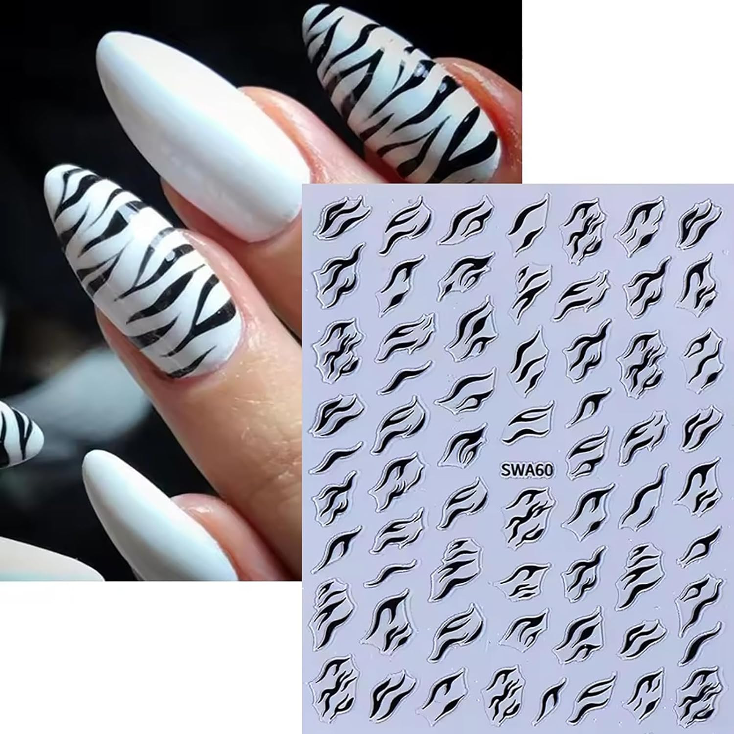 4 Sheets 3D Black White Zebra Print Nail Stickers, Self – Adhesive 3D Zebra Patt