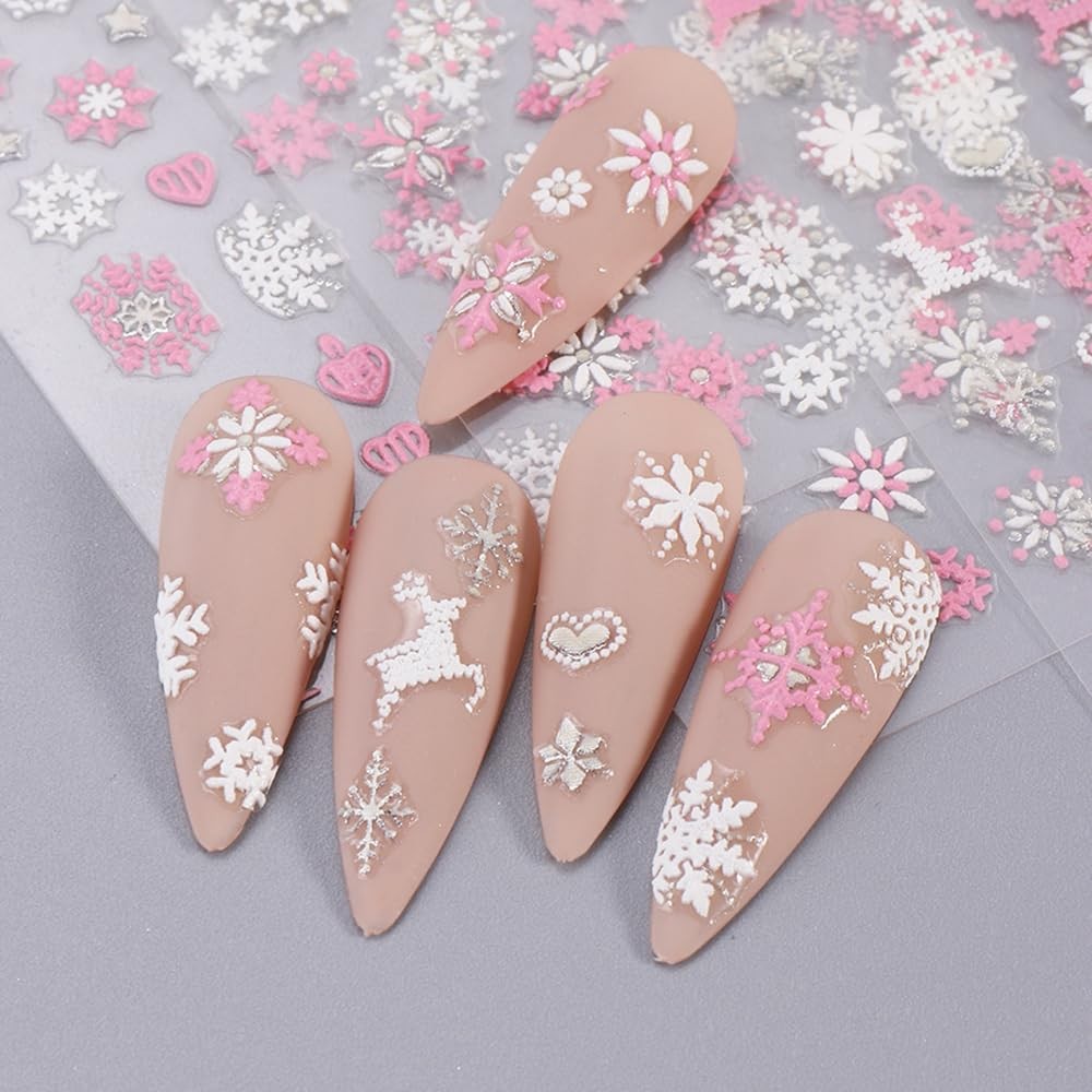 Christmas Nail Art Stickers, 8Sheets 5D Embossed Snowflake Nail Decals Pink Whit