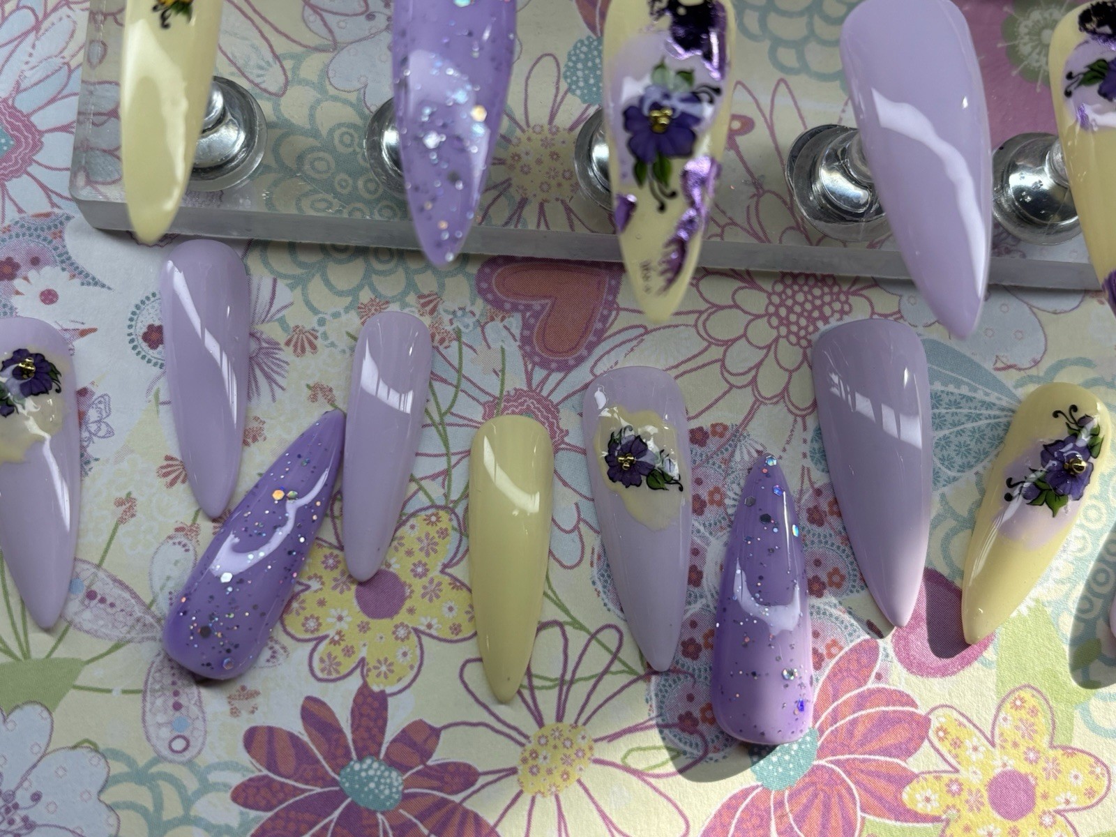 20 piece set handmade press on nails. Yellow purple floral med/short Stiletto