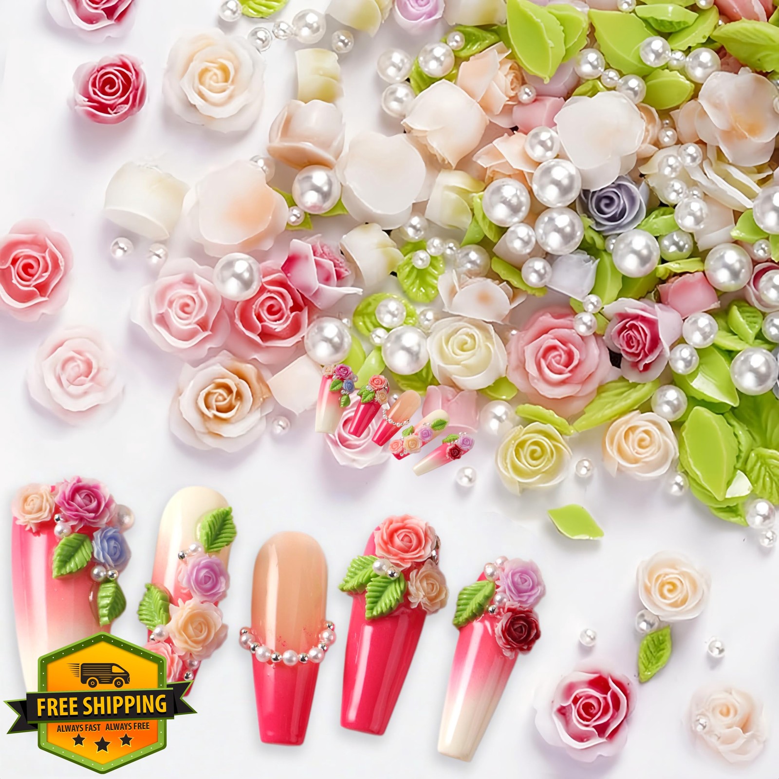 Tephrent 3D Camellias Rose Green Nail Art Charms
