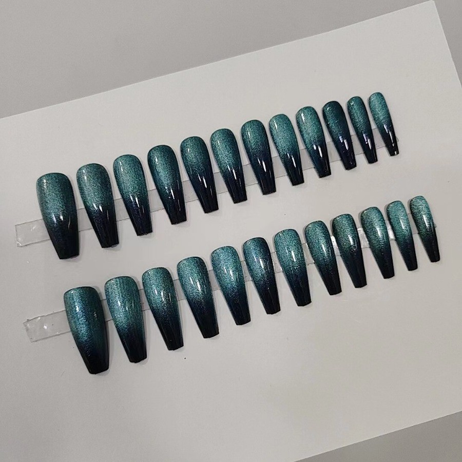 48pcs Long Taper Press on Nails, Black Teal Aurora Silver Glitter Ombre Nails