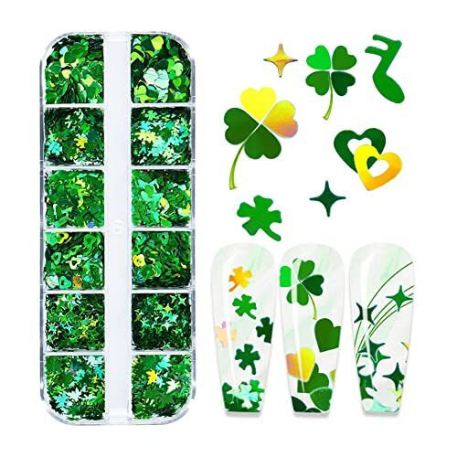 Nail Art Glitter Green Sequins 3D Holographic Laser Hearts Stars Leaves