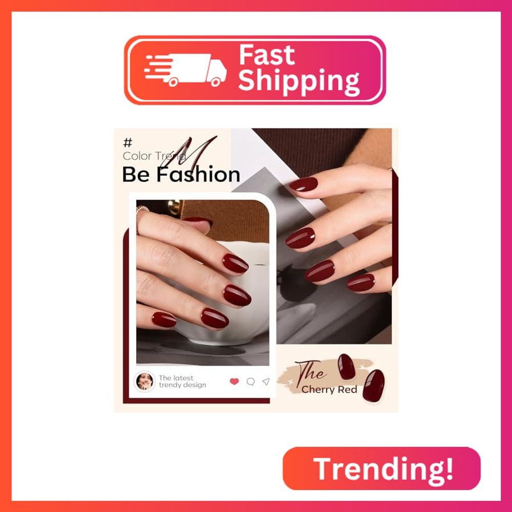modelones Dark Red Short Press On Nails, Oval Fake Nails with Nail Glue