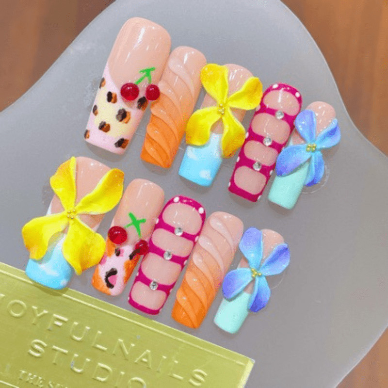 10pcs Long Square Press on Nails,Colorful 3D Flower Cherry Printed Fashion Nails