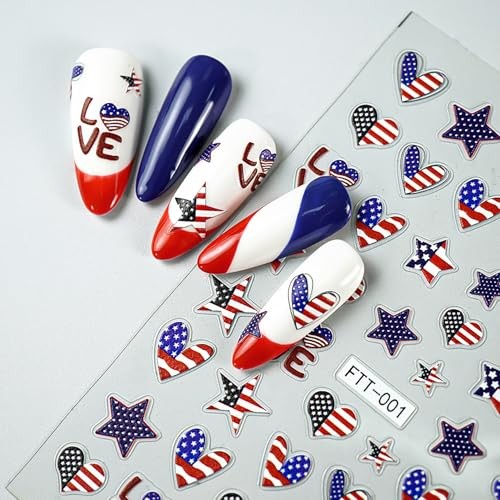 4th of July Nail Stickers 1Pcs Patriotic Designs Nail Art Stickers 5D Embossed