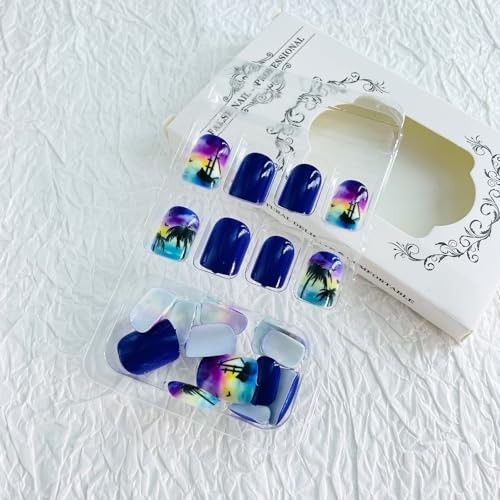 Short Press on Nails – Square Shaped Fake Nails with Palm Tree Gel Glue