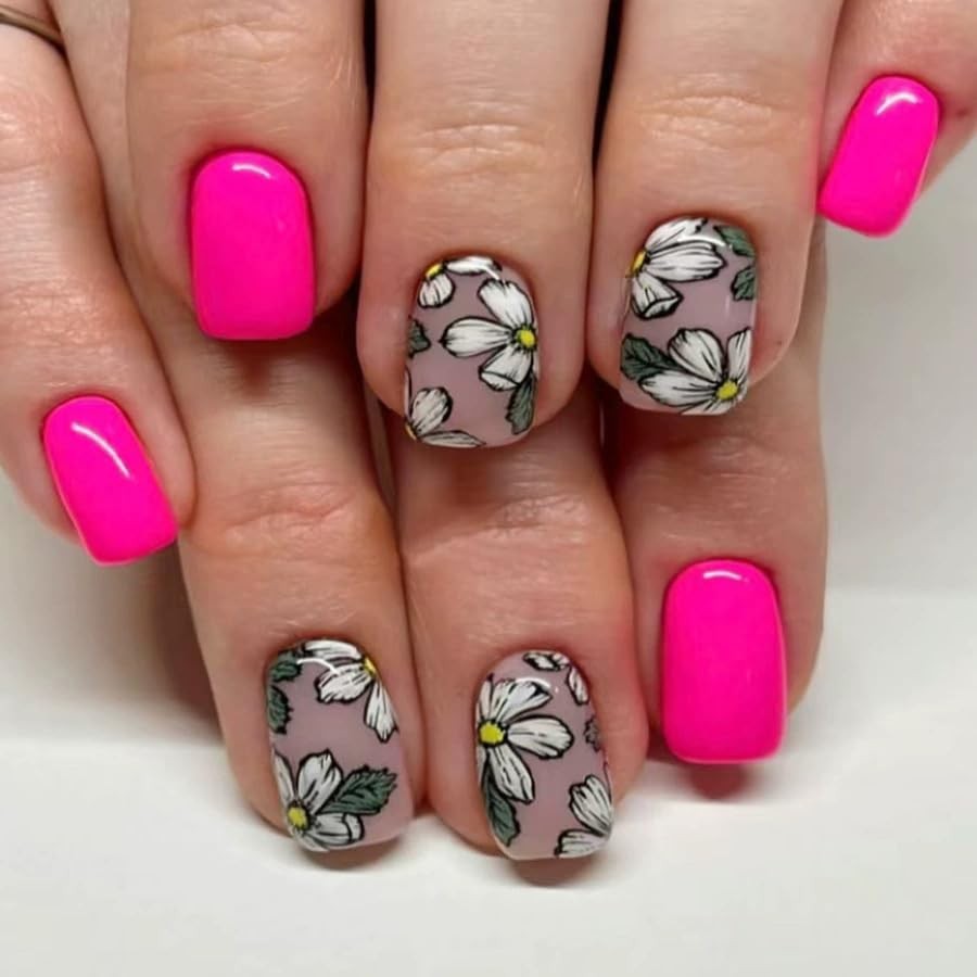 2 Packs 48Pcs Flowers Press on Nails Short Square Fake Nails Pink Floral Fals…