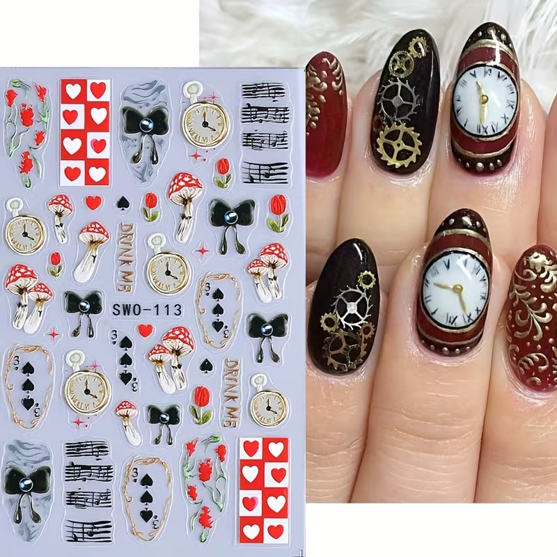 Alice in Wonderland Inspired Nail Decals Tulips Mushrooms Clock Nail Stickers