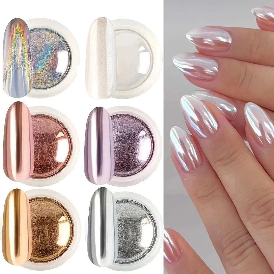 6PCS Chrome Mirror Nail Powder Set Gold Silver Holographic Aurora Pigment