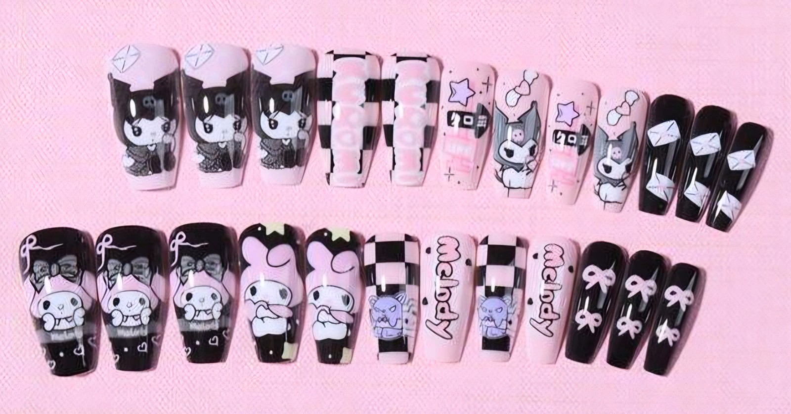Press-On Nails SANRIO Black, Pink, & Lavender Kuromi & Melody Coffin Long Shiny