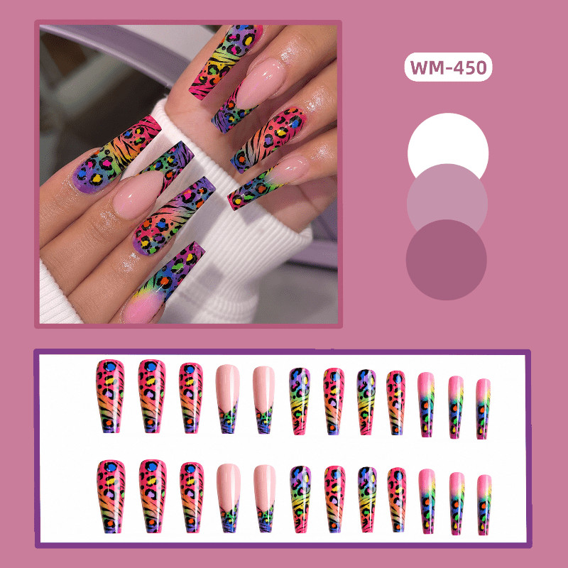 48 Pcs Rainbow Leopard Coffin Press on Nails, Trendy Y2K Summer Fake Nails