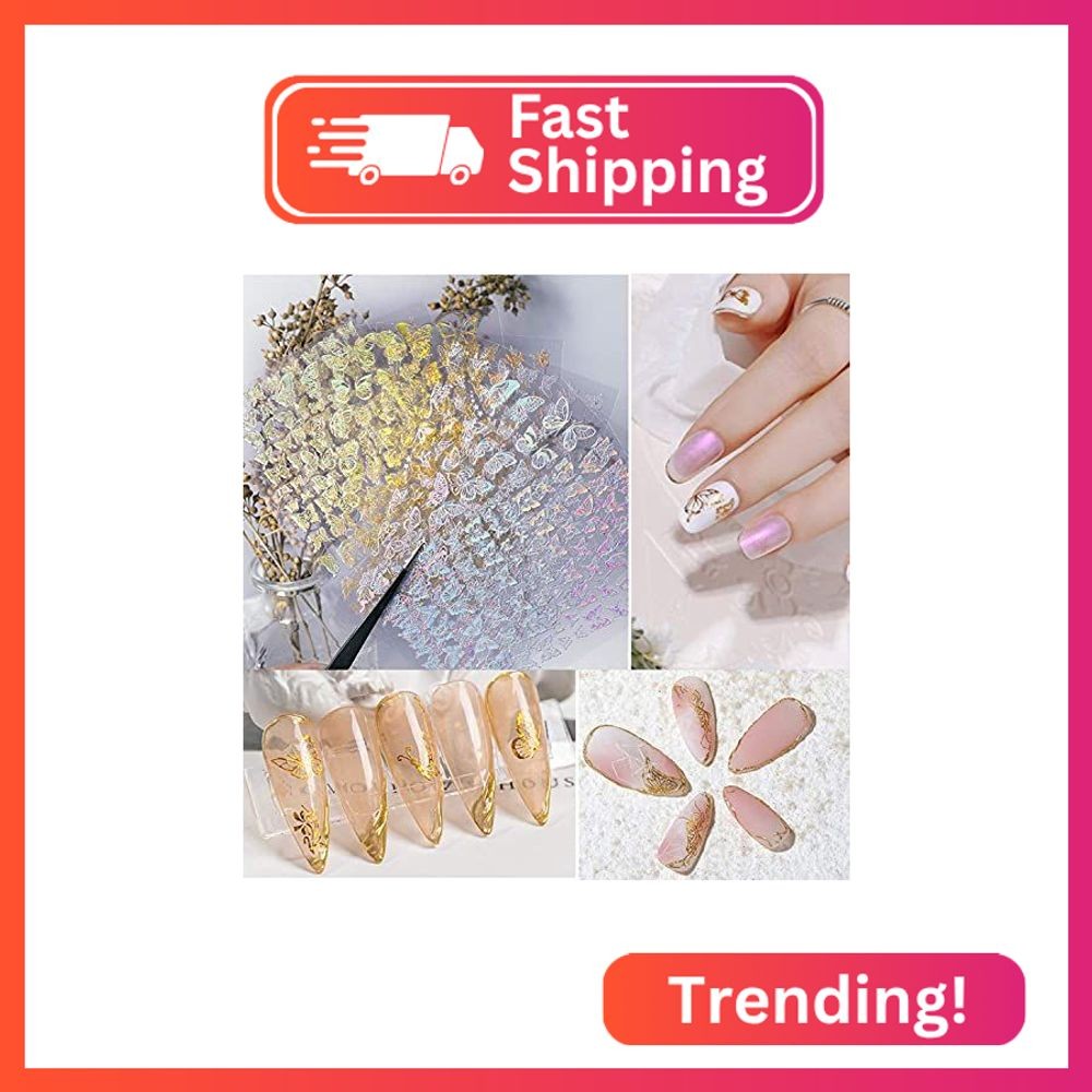 8 Sheets Butterfly Nail Adhesive Sticker – Laser Craft Glitter Gold and Silver S