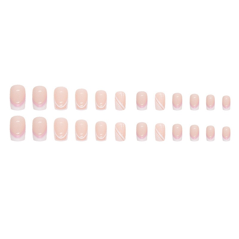 48Pcs-Minimalist White Line Press on Nails Glossy Long Square Nail Art Set