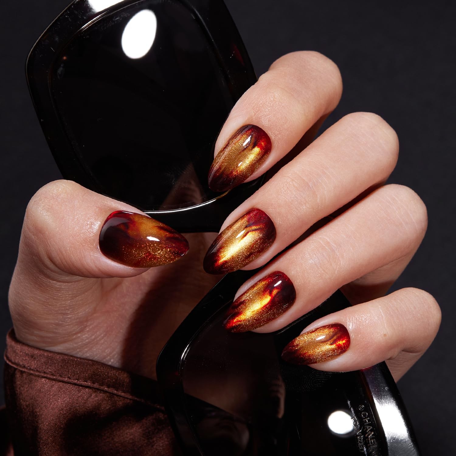 VSALON Press On Nails Short Almond – Golden Cat Eye, 32 PCS
