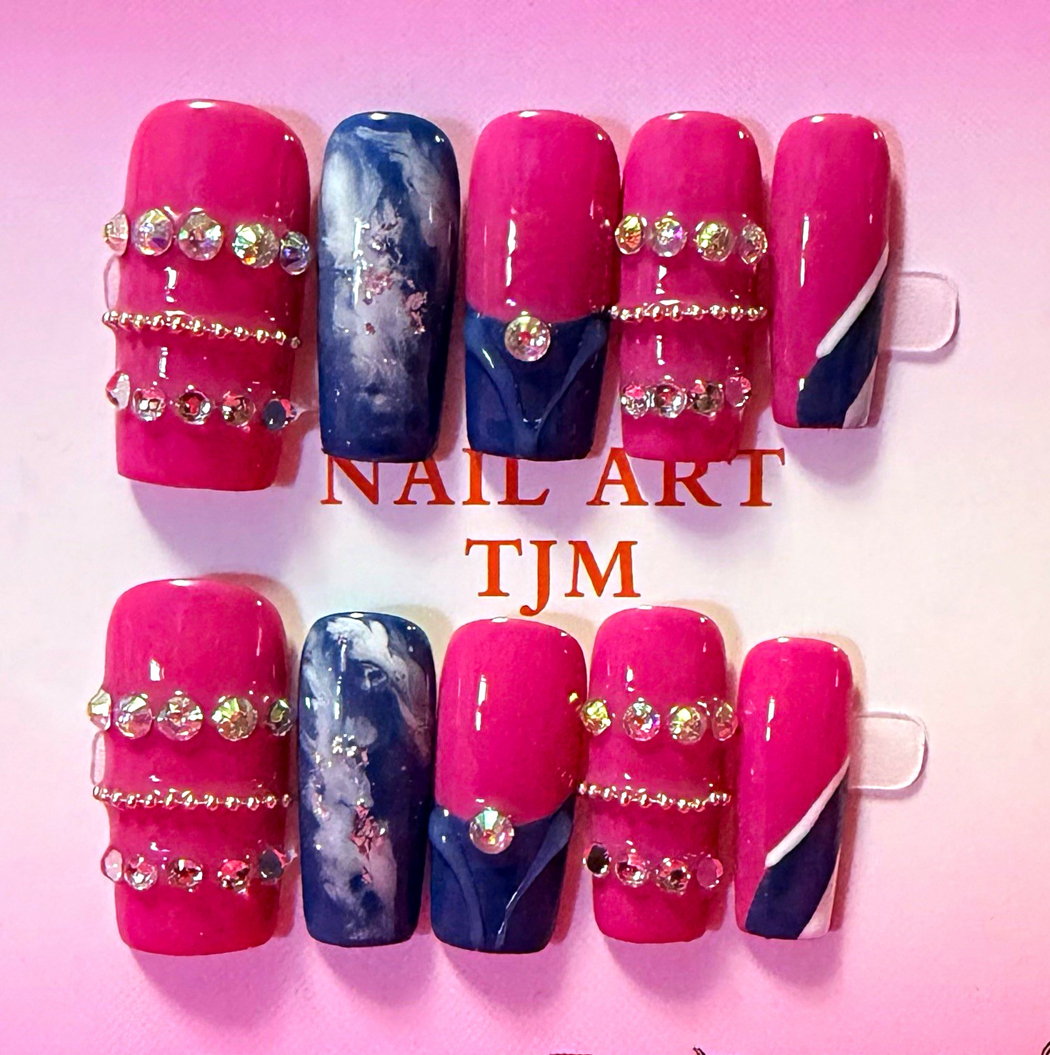 Pink/Blue Rhinestone Square Press-On Nails, Small, Shiny 3D size small