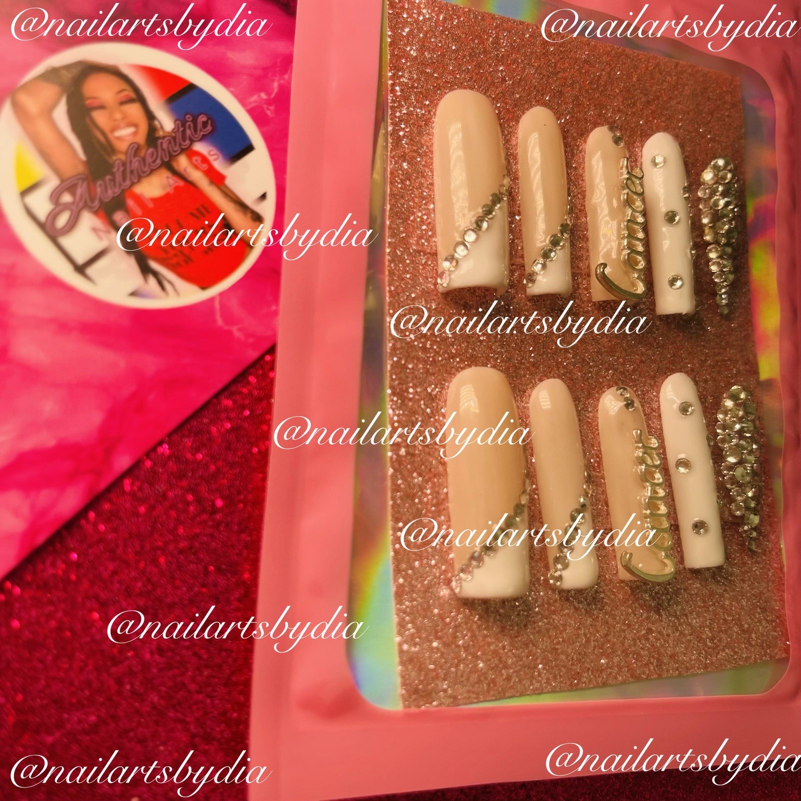 Authentic Nail Arts by Dia Long Coffin Press-On Nails White Beige Silver 3D
