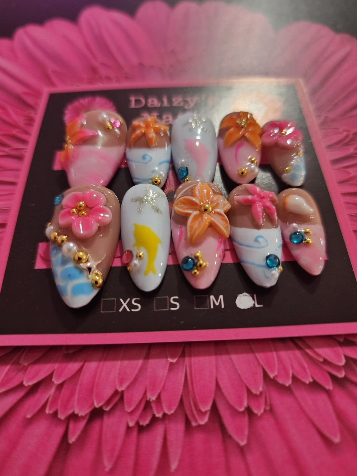 Large Size Tropical Beach 3D Press-on Nail Set Handmade Almond 2.5 Cm Length