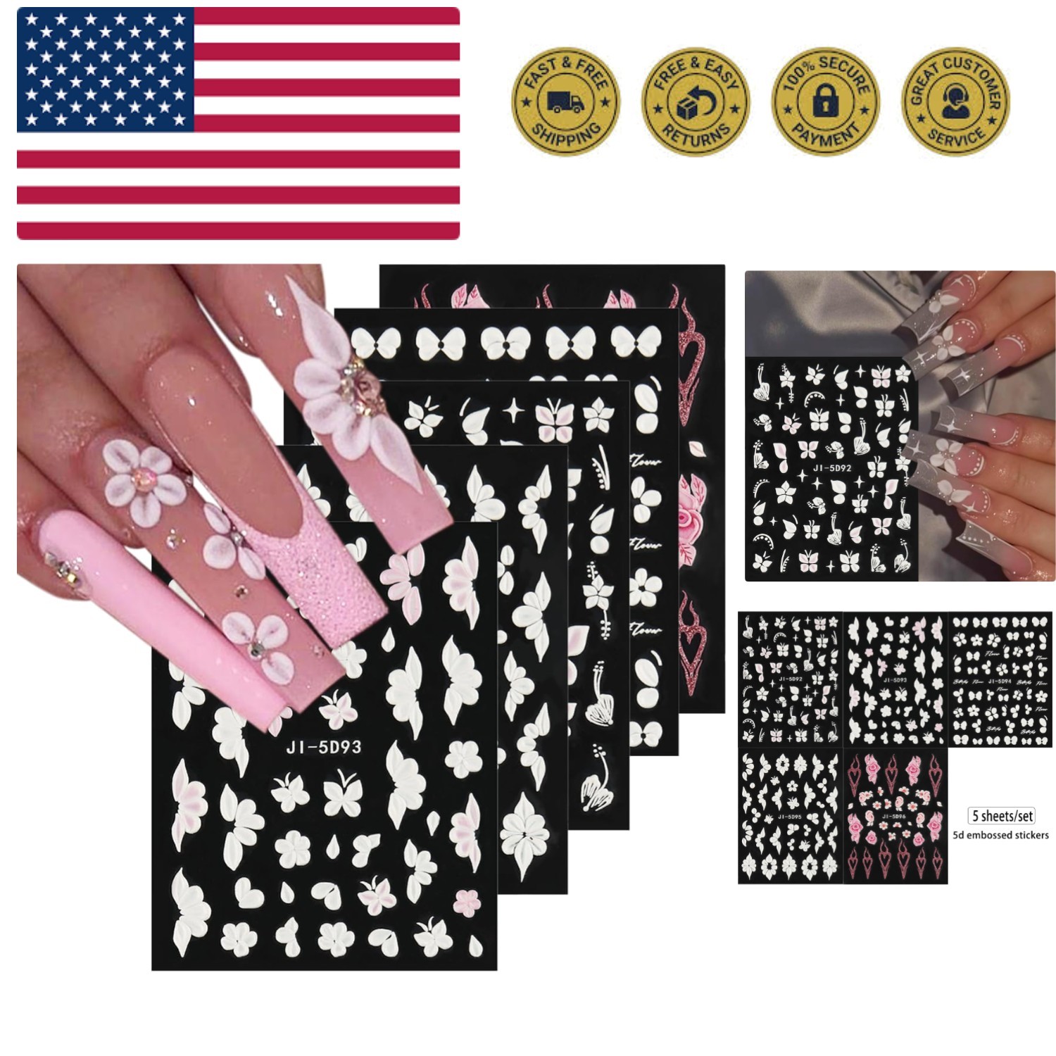 5D Embossed White Flowers Nail Stickers, 5 Sheets Self-Adhesive Floral Nail D…
