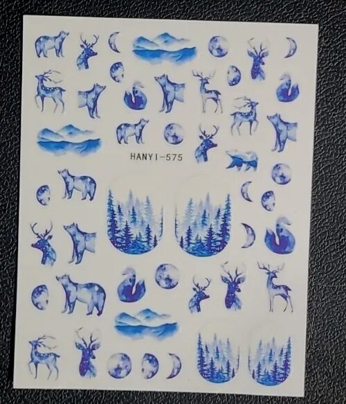 Blue Bear and Deer, Moon Nail Art Stickers Decals