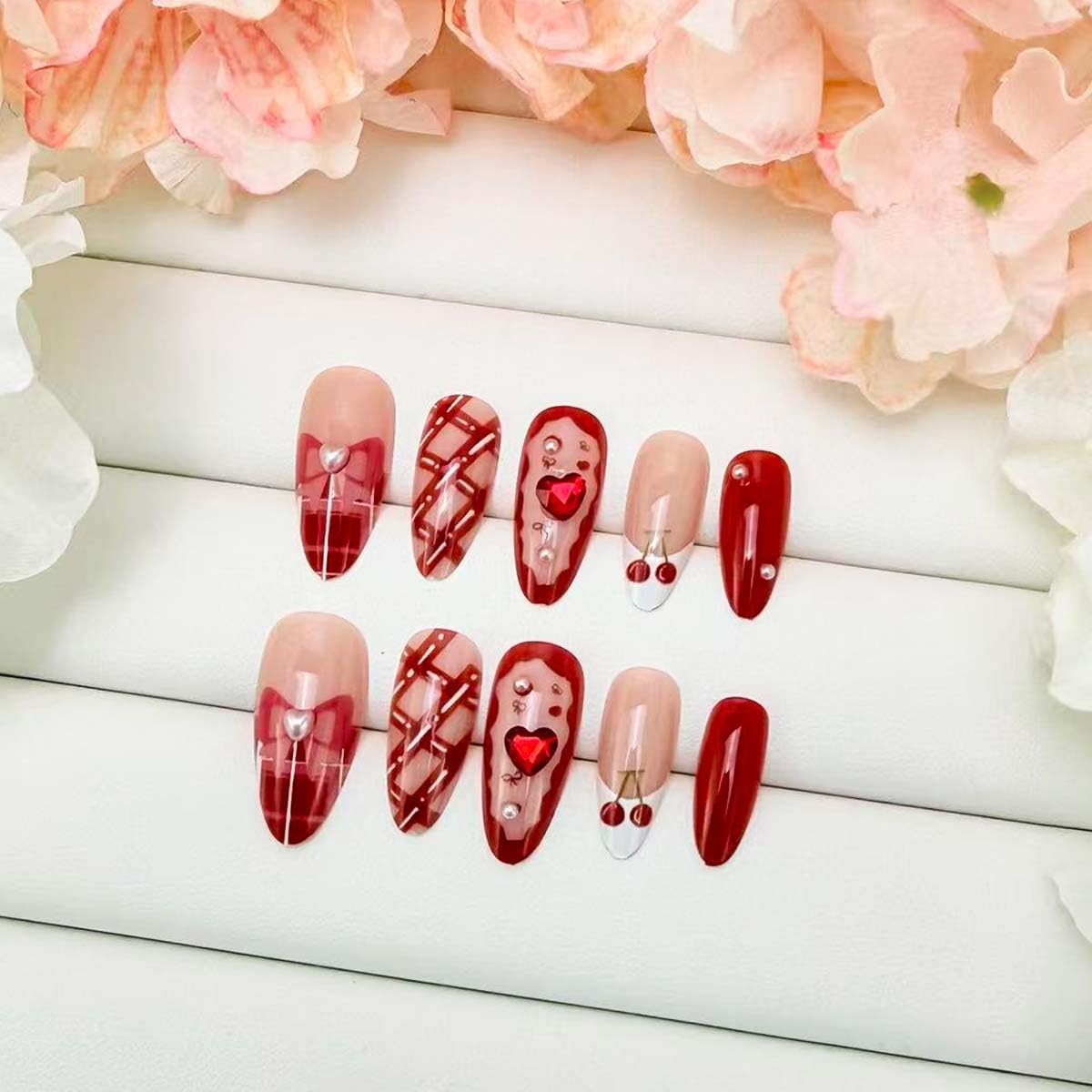 24Pcs Valentines French Tip Press on Nails Medium Almond Bow Cherry Heart Fak…
