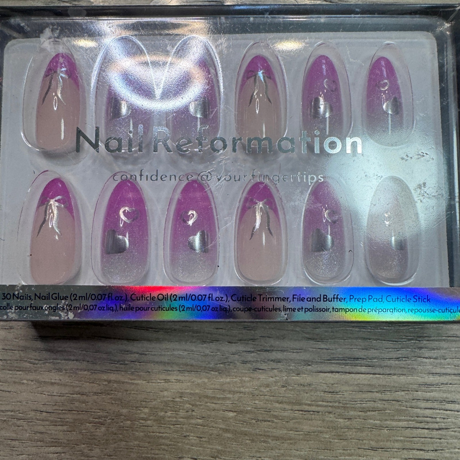 Nail Reformation Press On Nails Purple Ombre French Tip Silver Hearts Bows 30ct